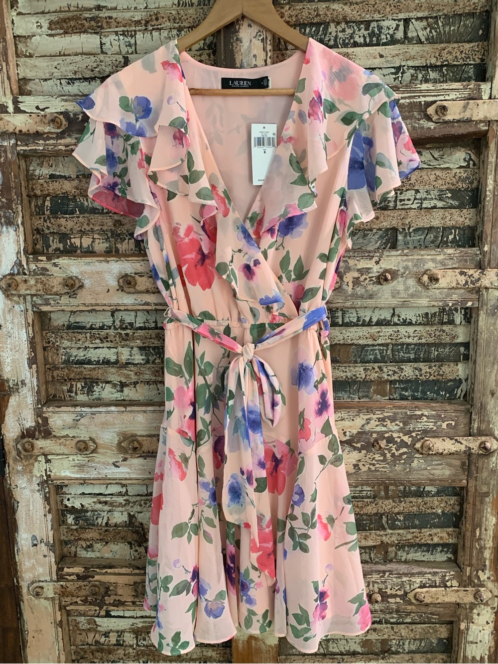 NWT Lauren Ralph Lauren Jatrissa Short Sleeve Day Dress, Pink Floral Flutter, 6